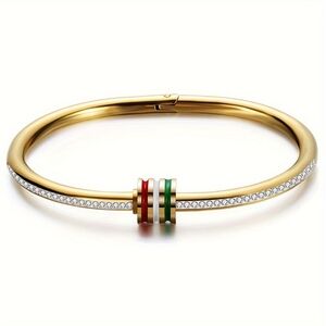 Luxury 18k Gold Plated Bangle with Red, White, Green Enamel Rings & CZ Crystals